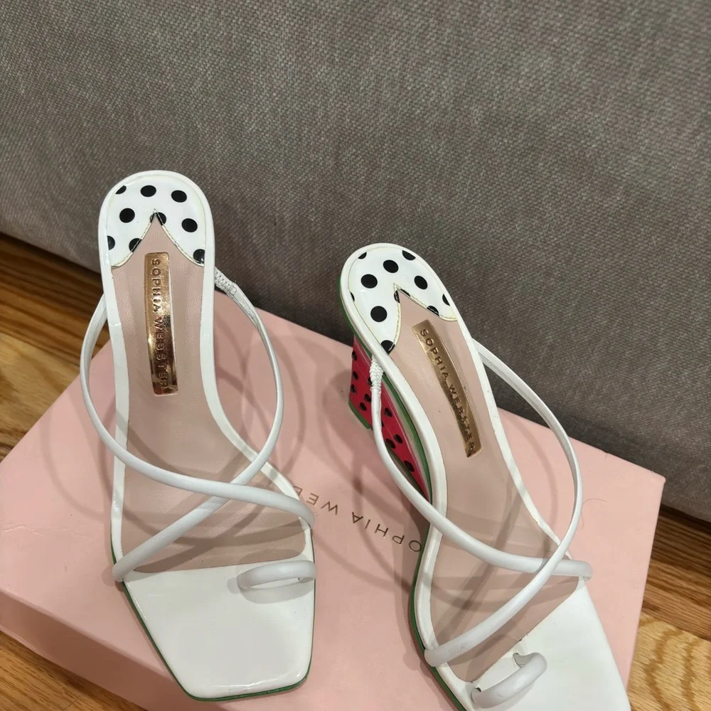 Sophia Webster White Leather Strappy Wedges with Playful Fruit-Print Heel